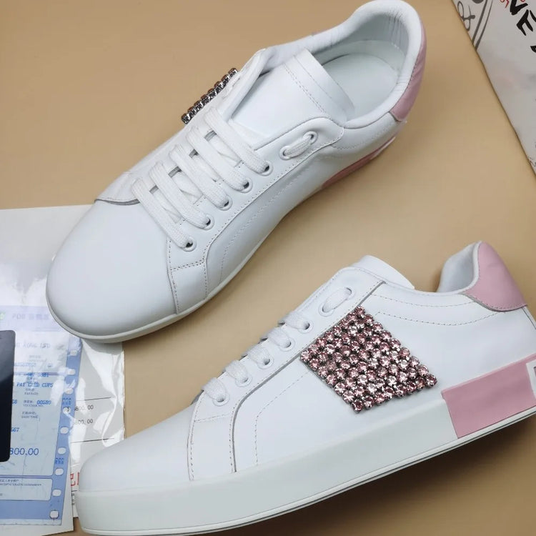 Luxury Rhinestone Sneakers Designer Unisex White Leather Thick Sole Casual Shoes Brand Ladies Outdoor Platform Trainers Flats