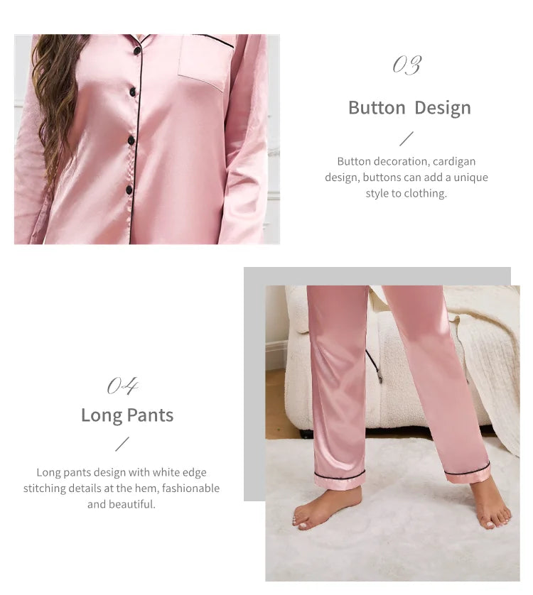 Pigiama da donna Completo da notte Completo da pigiama Pj Set Top a maniche lunghe in raso con pantaloni Pigiama da 2 pezzi Pigiama da donna