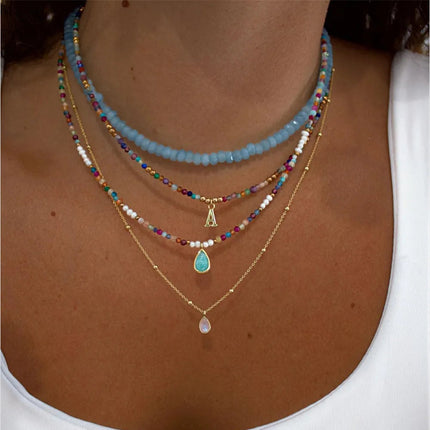 2023 Fashion Multilayer Boho Colorful Bead Chain Necklace For Women Female Crystal Water Drop Metal Letter Pendant Jewelry Gift PlatiNum