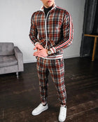 2025 Men Tracksuit 2pc Set Gym Hiking Plaid Zipper Hoodie Cargo Pants Autumn Athleisure Outfit Fleece Jogger Sportswear PlatiNum