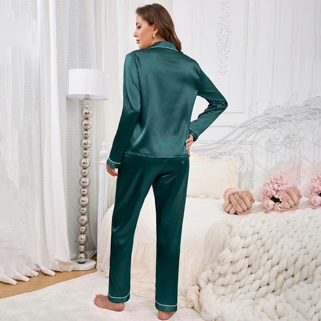 Vestiti per la casa delle donne Pigiama in raso Autunno Tasca a maniche lunghe Ricamo a forma di cuore Top e pantaloni Pigiama Femme Loungewear Pj Set