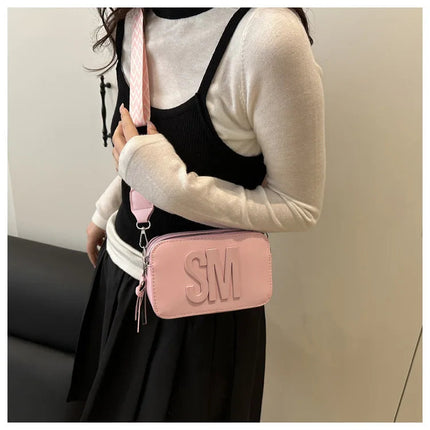 Chic SM Letter Camera Bags, Stylish Women’s Crossbody Small Square Purses with Wide Patterned Straps, Perfect for Daily Casual PlatiNum