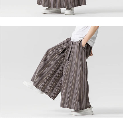 Pantaloni a righe da uomo in cotone e lino, comodi e traspiranti, pantaloni a gamba larga, kimono, samurai giapponese, pantaloni alla moda larghi casual da uomo