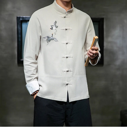 Camicie con ricamo gru Abbigliamento tradizionale cinese vintage Mezza manica da uomo in lino Solido colletto Madarin Cardigan Hanfu Kungfu