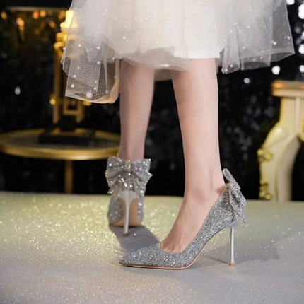 Shiny Bowknot tacchi sottili décolleté donna Slip-On Bling Crystal Party Shoes donna Sexy scarpe con tacco alto Glitter a punta