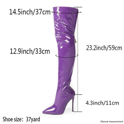 New Sexy Fashion Patent Leather Women Over Knee Boots Black White Long Boots Ladies Pointed Toe Classic High Heels Shoes Large PlatiNum