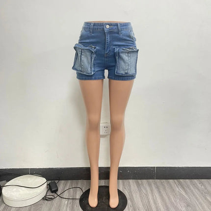 Cargo Jean Women Denim Shorts Solid Jean Spliced Pockets High Waist Distressed Washed Slim Casual Summer Zipper Fly 2026 PlatiNum