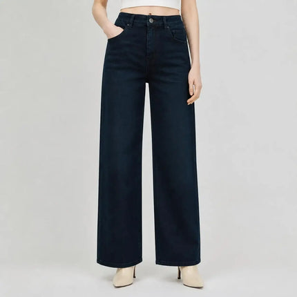 Women's Black Wide Leg Jeans, High Waist, Stretch Denim, Comfortable Loose Fit, Belt and Scarf Details, Modern Casual Style, Fashion Trousers for All Seasons, Sizes Xs-Xl，Fx1338-7