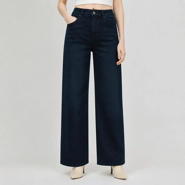 Women's Black Wide Leg Jeans, High Waist, Stretch Denim, Comfortable Loose Fit, Belt and Scarf Details, Modern Casual Style, Fashion Trousers for All Seasons, Sizes Xs-Xl，Fx1338-7