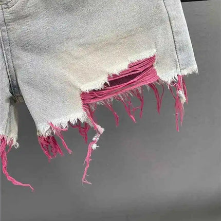 Pantaloncini di jeans con foro rosa stile coreano Donna Estate Nuova vita alta Bordo grezzo A-line Pantaloncini per ragazze calde Pantaloni caldi sottili di nicchia di moda