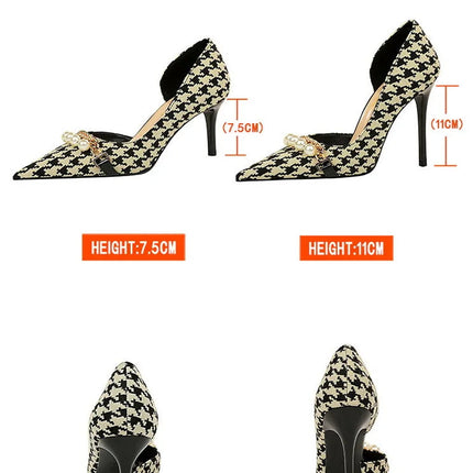 BIGTREE Scarpe 2026 Primavera Donna Pompe Catena di metallo perlato Tacchi alti Grana a quadri Tacchi a spillo Tacchi da donna Scarpe da banchetto di lusso 43 platinumshop