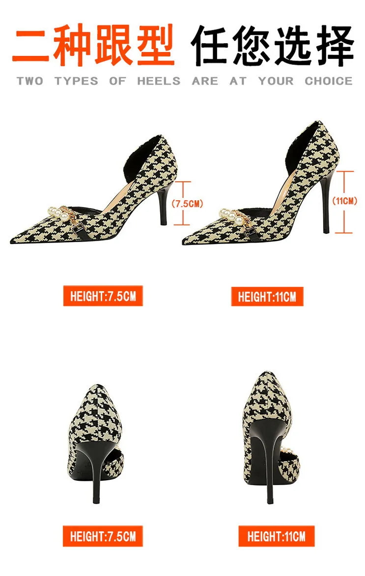 BIGTREE Scarpe 2026 Primavera Donna Pompe Catena di metallo perlato Tacchi alti Grana a quadri Tacchi a spillo Tacchi da donna Scarpe da banchetto di lusso 43 platinumshop