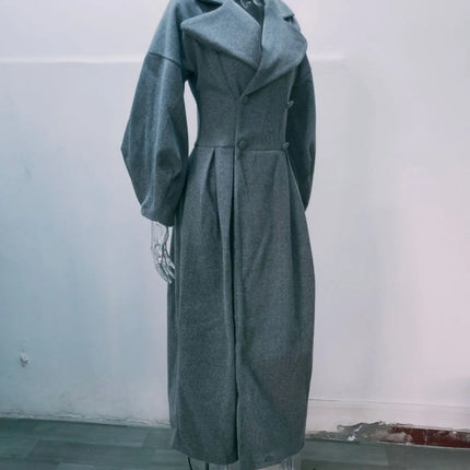 European American Retro Court Style Wool Coat, Long Length with Big Lapel & Lantern Sleeves, New Autumn Winter Outerwear