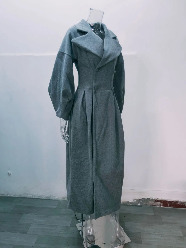 European American Retro Court Style Wool Coat, Long Length with Big Lapel & Lantern Sleeves, New Autumn Winter Outerwear