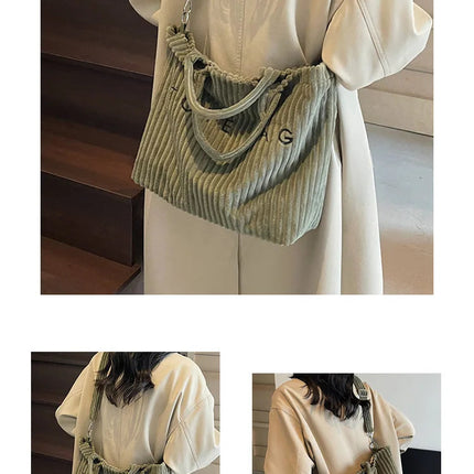Large Capacity Striped Velvet Handbag Shoulder Bag for Woman Handbags Crossbody Bags, Versatile Letter Corduroy Women's Tote Bag PlatiNum