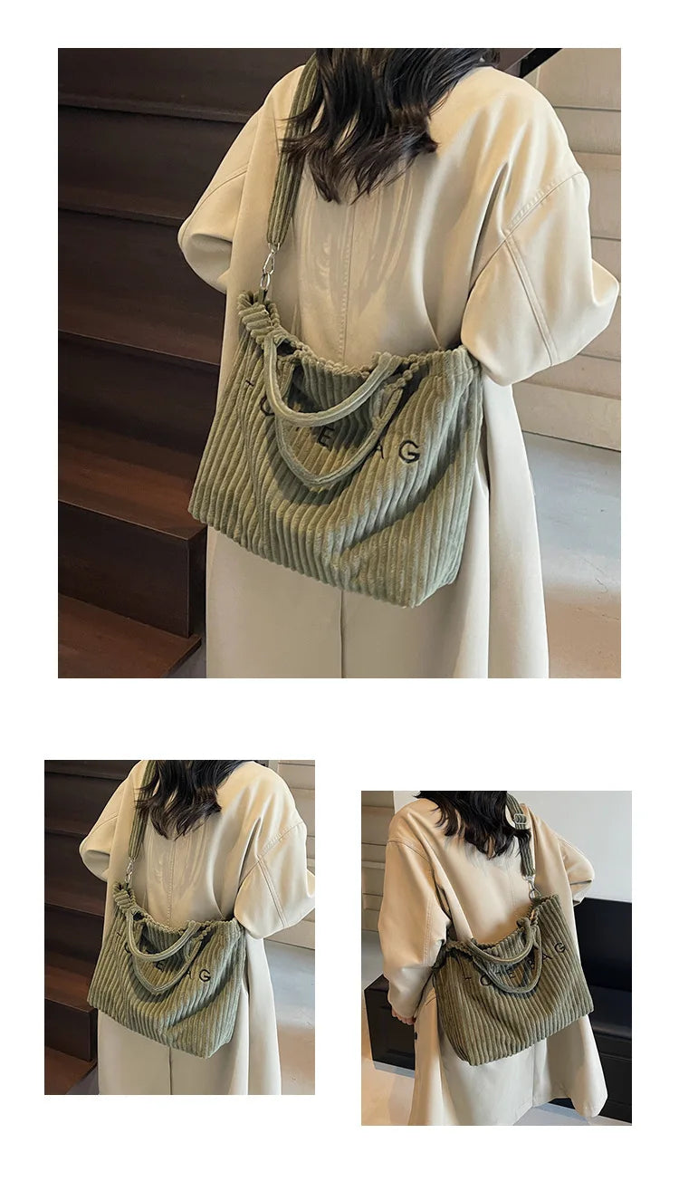Large Capacity Striped Velvet Handbag Shoulder Bag for Woman Handbags Crossbody Bags, Versatile Letter Corduroy Women's Tote Bag PlatiNum