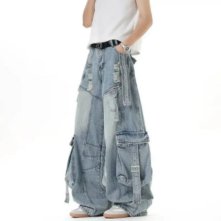 IEFB Jeans da uomo stile americano tinta unita multi tasche pantaloni casual usurati decostruzione pantaloni in denim a gamba larga 9W4066