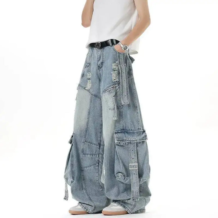 IEFB Jeans da uomo stile americano tinta unita multi tasche pantaloni casual usurati decostruzione pantaloni in denim a gamba larga 9W4066