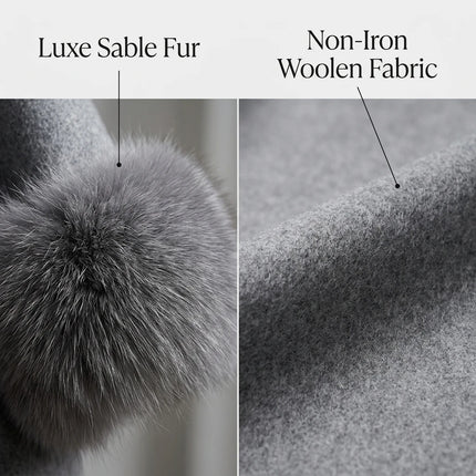 Women's Woolen Coat with Faux Fur Cuffs Belted Waist Short Autumn Winter Wrap Jacket