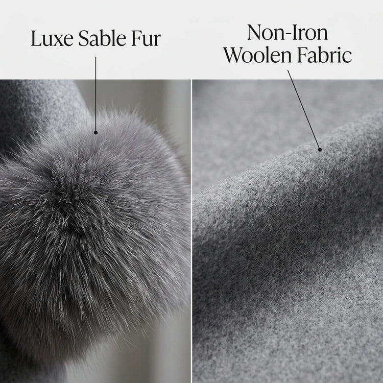Women's Woolen Coat with Faux Fur Cuffs Belted Waist Short Autumn Winter Wrap Jacket