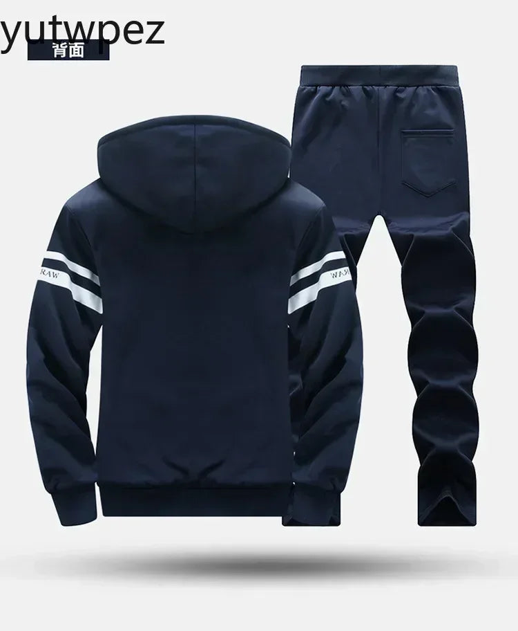 M-6XL Men's Winter 2 Piece Tracksuit Set, Thickened Warm Hooded Coat & Sweater, Outdoor Hiking Cycling Camping Running Outerwear