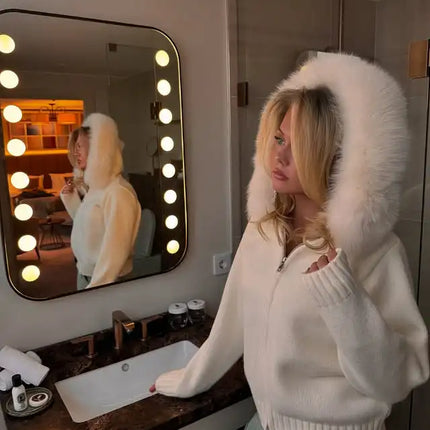 OFTBUY Real Fox Fur Kintwear Women New Spring Autumn Hooded Sweater Female Loose Zipper Kintted Jacket Oversized Cardigan