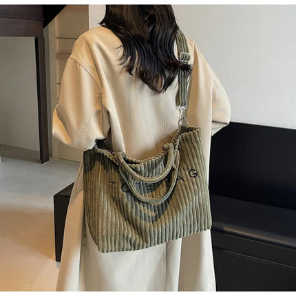 Large Capacity Striped Velvet Handbag Shoulder Bag for Woman Handbags Crossbody Bags, Versatile Letter Corduroy Women's Tote Bag PlatiNum