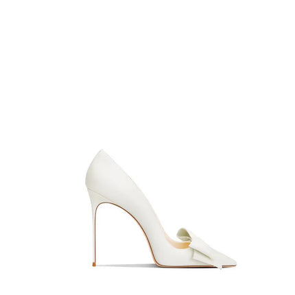 Eleganti scarpe con tacco a spillo a punta con fiocco beige da donna in vera pelle 2025 autunno