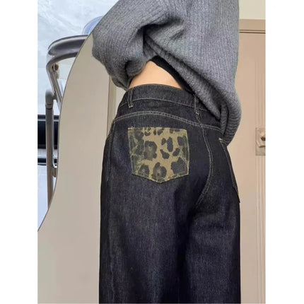 Y2K Jeans da donna americani a vita alta con stampa leopardata nera, bordo arrotolato, gamba larga, pantaloni estivi larghi con punto a contrasto