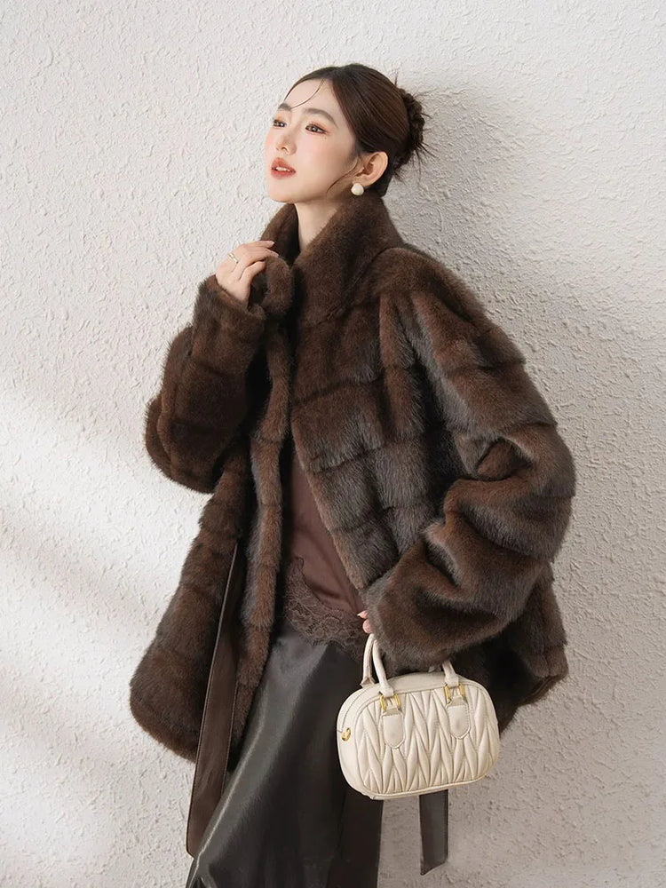 ZADORIN Luxury Designer Clothing Woman Mink Coat 2026 Chic Stand Collar Belted Brown Faux Fur Coat Woman Fluffy Fur Jacket Coats