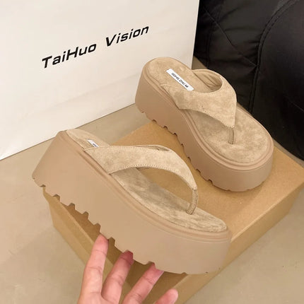 Pantofole da esterno con zeppa Infradito estive da donna con fondo spesso Infradito da spiaggia per il tempo libero a vita alta da esterno in pelle scamosciata