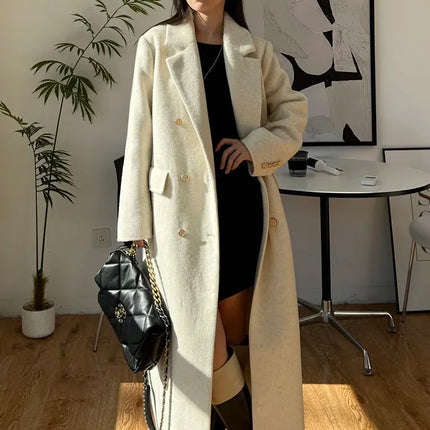 High-end Thick Double-sided Wool Coat Female Fashion Long  Autumn Winter Lapel Double Breasted Wool Coat Women Loose Outerwear