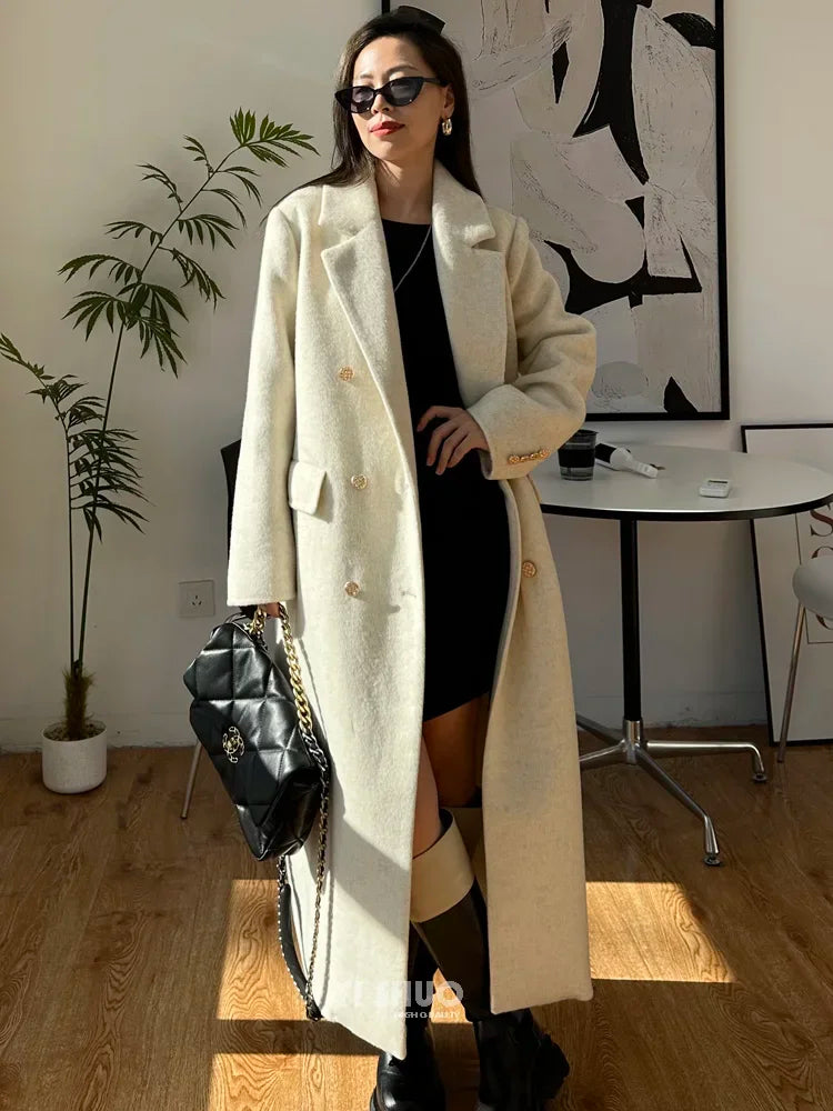 High-end Thick Double-sided Wool Coat Female Fashion Long  Autumn Winter Lapel Double Breasted Wool Coat Women Loose Outerwear