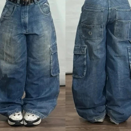 Street Vintage Jeans New Y2K Harajuku Wash Blue Multiple pockets Baggy Jeans Denim Pants Mens Womens High Waist Wide Trousers PlatiNum