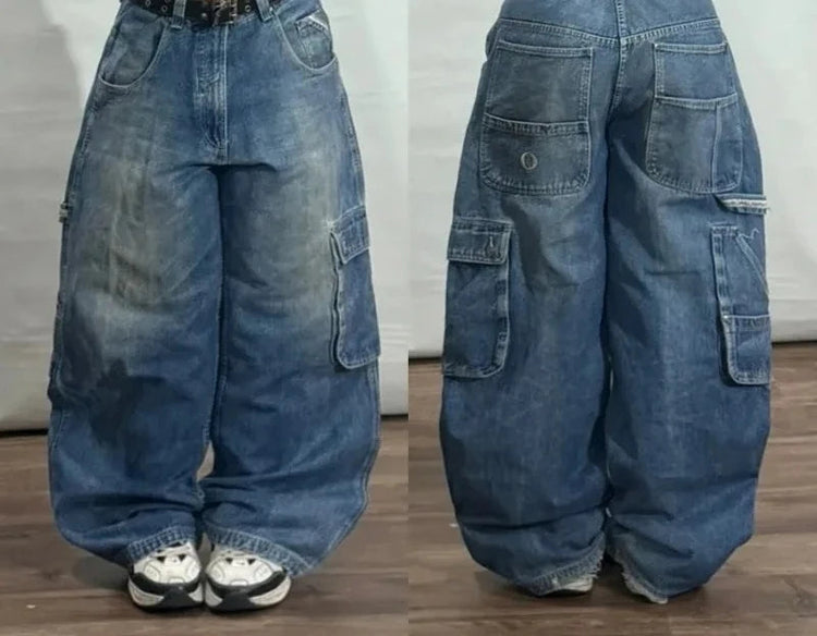 Street Vintage Jeans New Y2K Harajuku Wash Blue Multiple pockets Baggy Jeans Denim Pants Mens Womens High Waist Wide Trousers PlatiNum