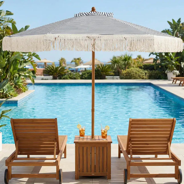 7ft Patio Umbrella with Fringe, Sun Protective Beach Umbrella with Boho Tassels - Blue