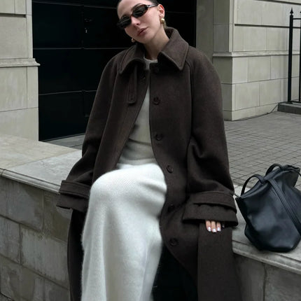 Women's Long Woolen Overcoats Stand Collar Single Breasted Lace Up Oversized Coat Autumn Winter Female Loose New Chic Outerwears