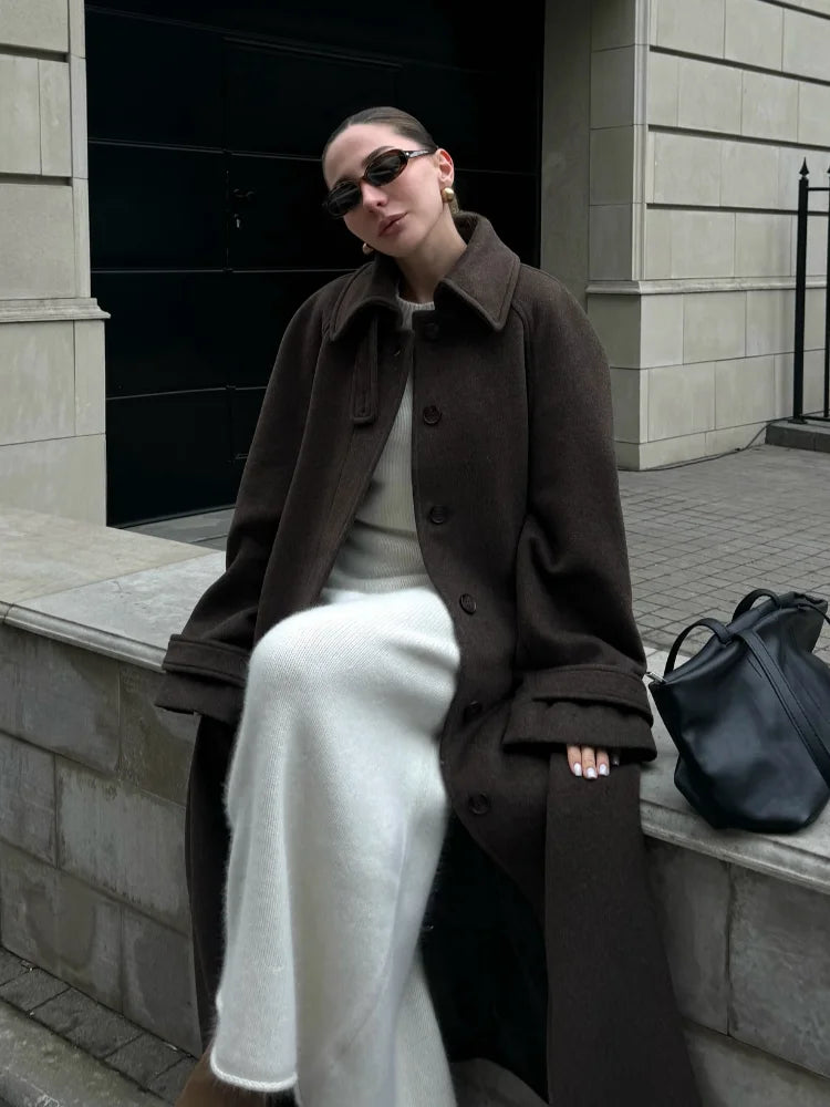 Women's Long Woolen Overcoats Stand Collar Single Breasted Lace Up Oversized Coat Autumn Winter Female Loose New Chic Outerwears