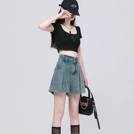 Korean Casual High Waisted Pleated Denim Shorts For Women Spring Summer Baggy Jeans Shorts Y2k  A-Line Wide Leg Jeans PlatiNum