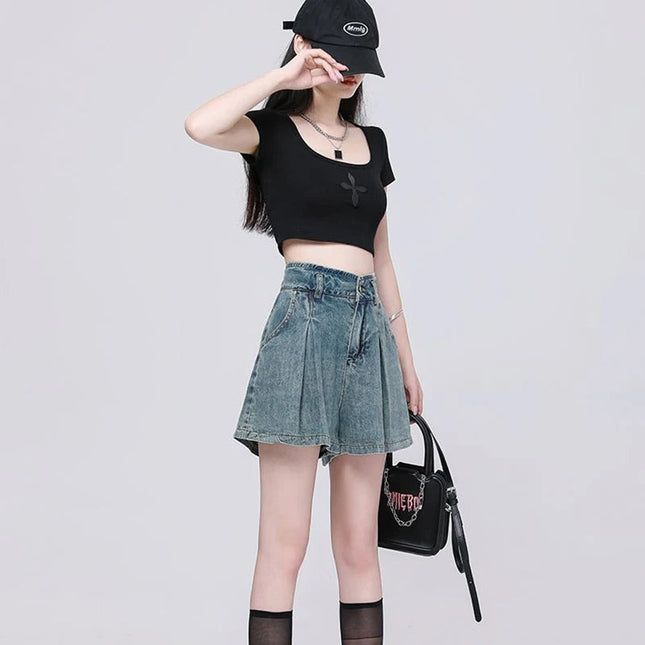 Korean Casual High Waisted Pleated Denim Shorts For Women Spring Summer Baggy Jeans Shorts Y2k  A-Line Wide Leg Jeans PlatiNum