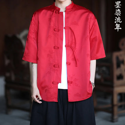 Camicia cinese da uomo con foglie di bambù floreali scuri Seta di ghiaccio Estate Confortevole e traspirante Stile retrò Camicie larghe alla moda da uomo Top