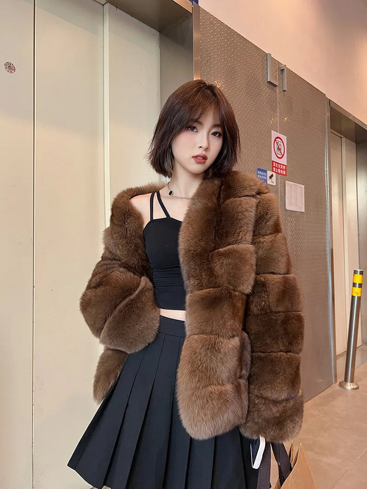 ZADORIN New Winter Faux Mink Coat Woman Elegant V Neck Long Sleeve Brown Faux Fur Coat Luxury Furry Jacket Woman Clothes Fur Top