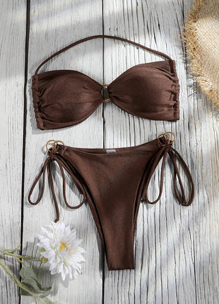 Set Bikini a Fascia da Donna con Pieghe, Costume da Bagno Sexy con Laccetti, Bikini Brasiliano con Bendaggio, Abbigliamento da Spiaggia platinumshop