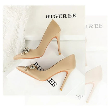 BIGTREE Street Style Lusso Fiocco con strass con punta a punta Tacco sottile Bicchiere da vino in seta Tacchi alti Décolleté da donna