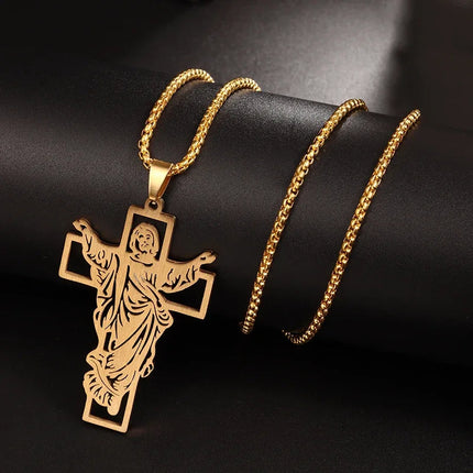 Vintage Christian Ice Crystal Jesus Head Pendant Necklace for Men and Women Cross Catholic Amulet Jewelry PlatiNum