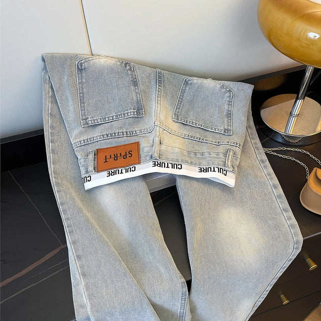 Women's Vintage American Ripped Patchwork Jeans, Light Blue, High Waist, Wide Leg, Denim Pants for Spring and Autumn