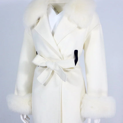 OFTBUY Real Fur Coat Winter Jacket Women Natural Fox Fur Collar Cuffs Belt Cashmere Wool Woolen Ladies Outerwear Streetwear