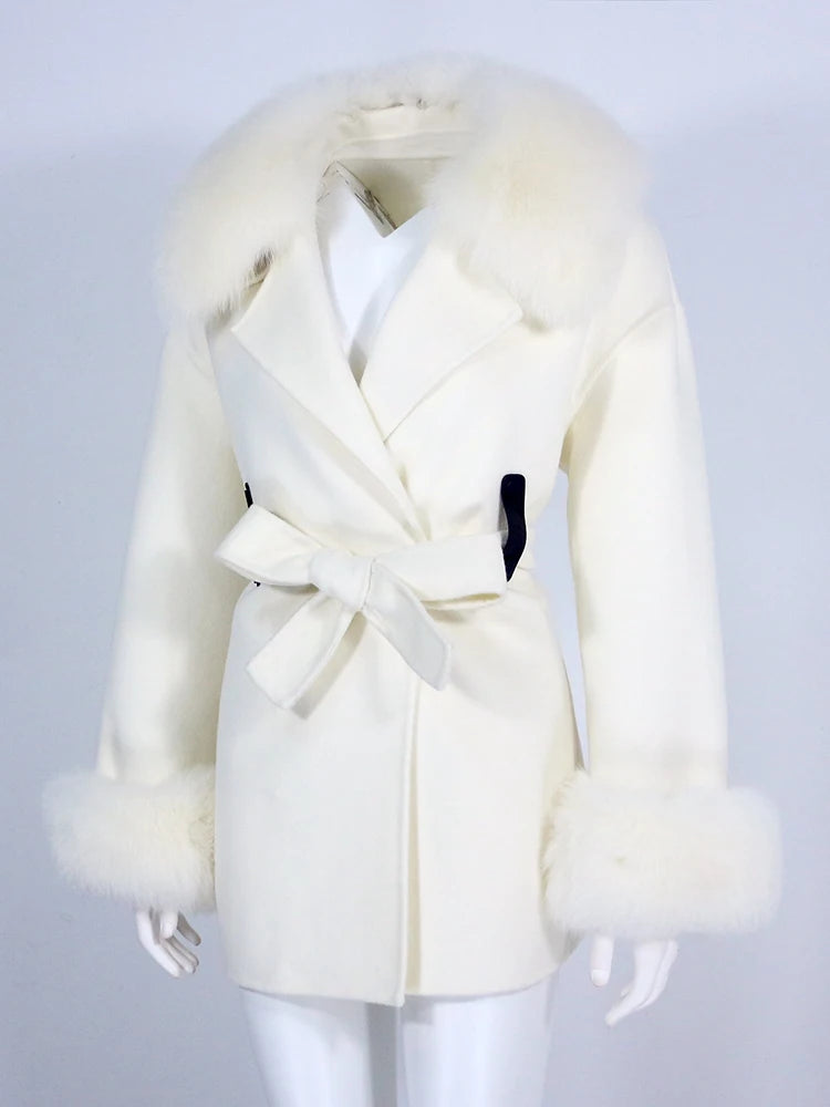 OFTBUY Real Fur Coat Winter Jacket Women Natural Fox Fur Collar Cuffs Belt Cashmere Wool Woolen Ladies Outerwear Streetwear
