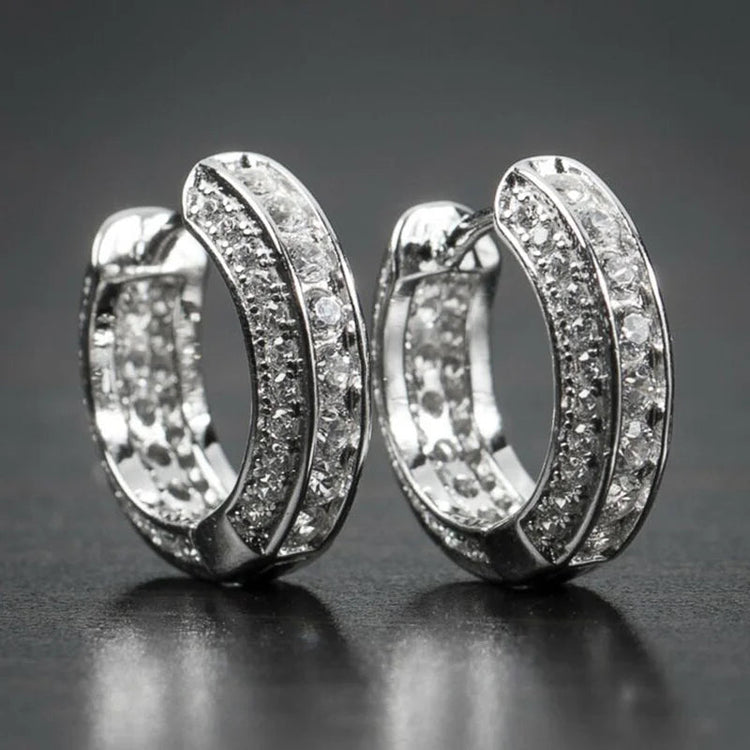 Huitan Small Round Hoop Earrings for Men/Women Shiny White Zirconia Simple Stylish Daily Wearable Earring Unisex Fashion Jewelry PlatiNum