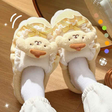 Women Cute Cartoon Plush Slippers Ruffled Lace Bow Warm Fuzzy Thick Non-Slip Sole Winter Indoor Bedroom Cozy House Shoes Girls